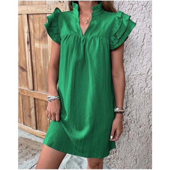 Solid Green Ruffle Sleeve Mini Dress S M L XL - Picture 3 of 4